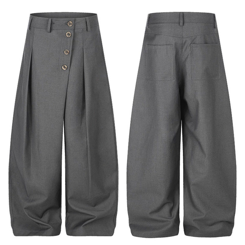 Damen Weite Palazzo-Hose mit hoher Taille, Bundfalten und asymmetrischer Knopfleiste Drune