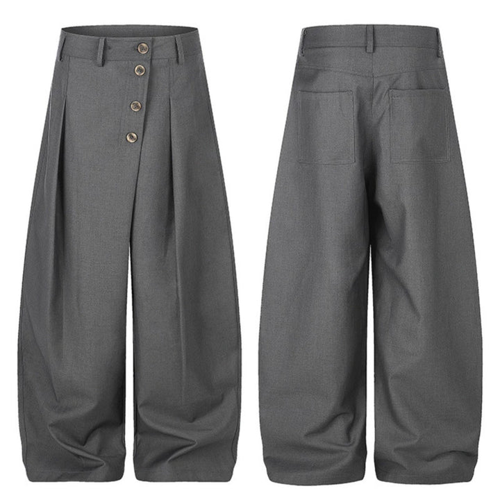 Damen Weite Palazzo-Hose mit hoher Taille, Bundfalten und asymmetrischer Knopfleiste Drune