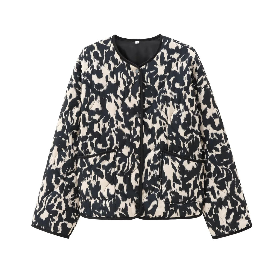 Damen nan gesteppte Kurzjacke mit animalischem Print, Rundhalsausschnitt und Druckknopfleiste Drune