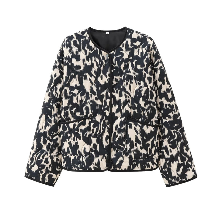 Damen nan gesteppte Kurzjacke mit animalischem Print, Rundhalsausschnitt und Druckknopfleiste Drune