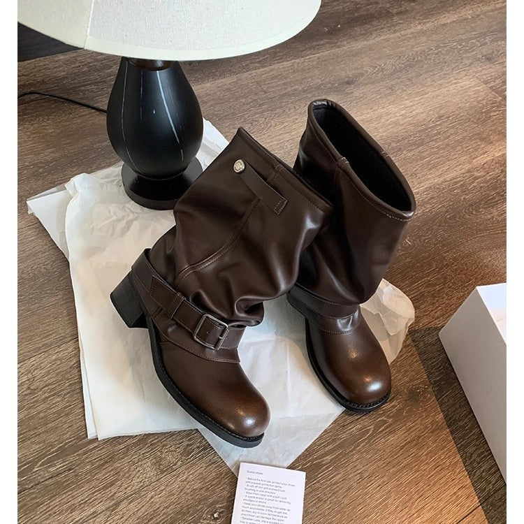 Damen Mid-Calf Bikerstiefel aus Glattleder mit verstellbarem Schnallenriemen Drune