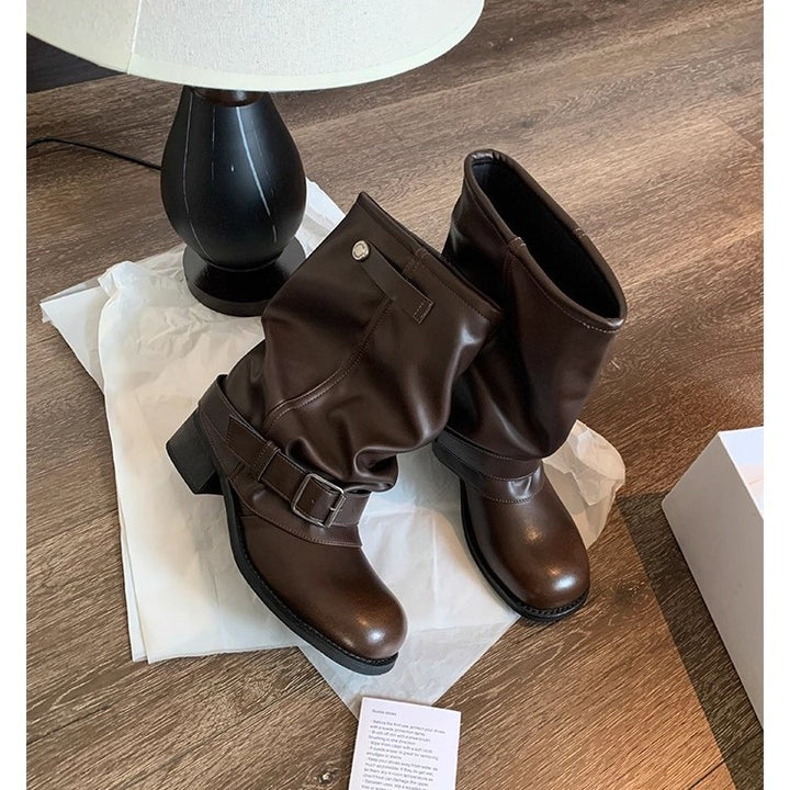 Damen Mid-Calf Bikerstiefel aus Glattleder mit verstellbarem Schnallenriemen Drune