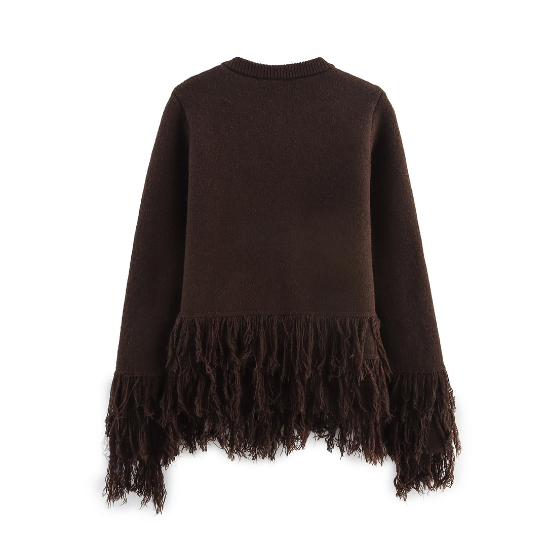Damen nan Fransenponcho mit Rundhalsausschnitt und dekorativem Knopfverschluss Drune