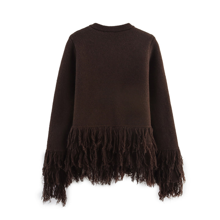 Damen nan Fransenponcho mit Rundhalsausschnitt und dekorativem Knopfverschluss Drune