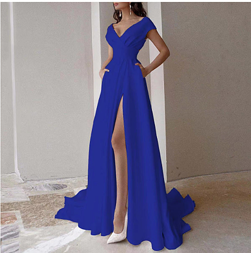 Damen elegantes Maxikleid mit tiefem V-Ausschnitt und seitlichem Schlitz Drune