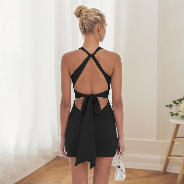 Damen ärmelloses Minikleid mit tiefem V-Ausschnitt und dekorativem Twist Drune