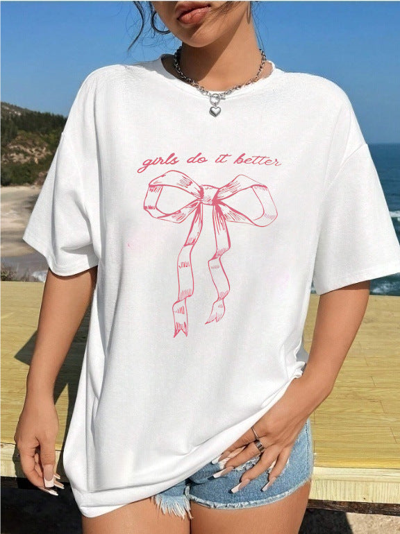 Damen T-Shirt mit kreativem Katzenmotiv und verspielter Schleife Drune