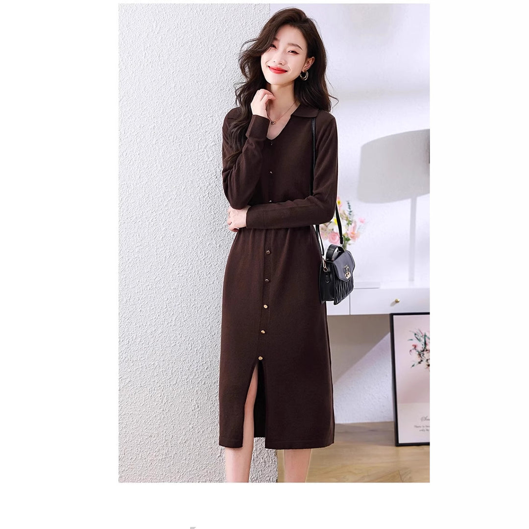 Damen Elegantes Midi-Kleid mit knöpfbarem Design und taillierter Schnittführung Drune