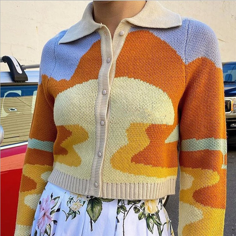 Damen modische Strickjacke mit kreativem Farbverlauf und Kragen Drune