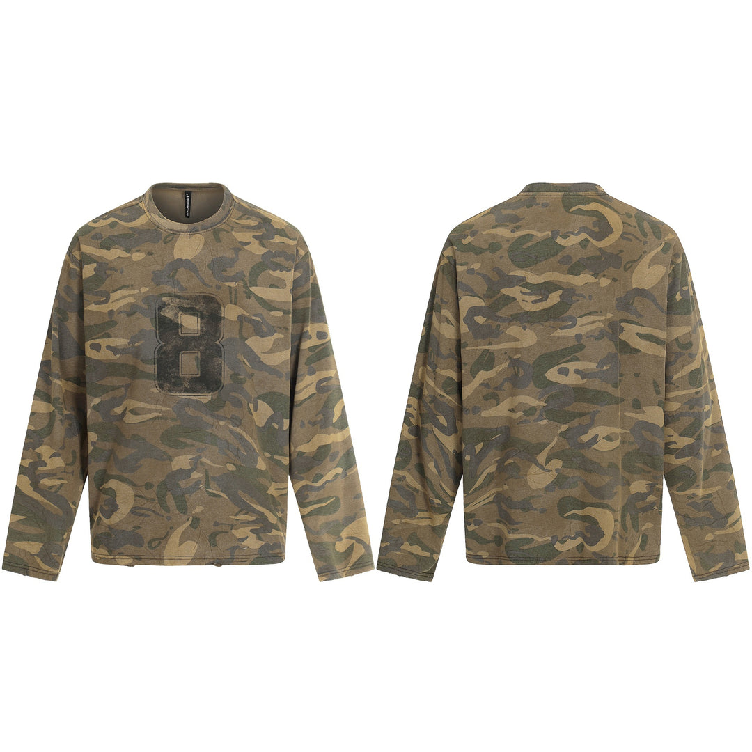 Herren Camouflage-Langarmshirt im Used-Look mit Rundhalsausschnitt und Vintage-Print Drune
