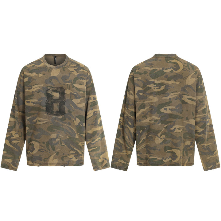Herren Camouflage-Langarmshirt im Used-Look mit Rundhalsausschnitt und Vintage-Print Drune