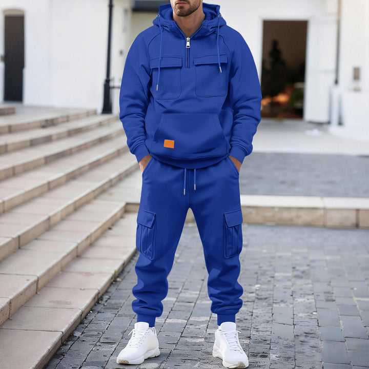 Herren technischer Oversize-Hoodie mit Halbzip, Kapuze, Kängurutasche und aufgesetzten Utility-Taschen Drune