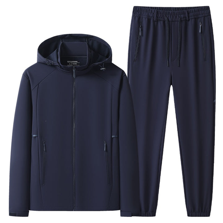 Herren Wetterfester Softshell-Trainingsanzug mit Kapuzen‑Zipjacke, Reißverschluss‑Taschen & konischer Jogginghose Drune