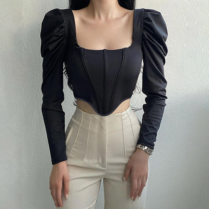 Damen Elegantes Oberteil mit Puffärmeln und tiefem Ausschnitt Drune