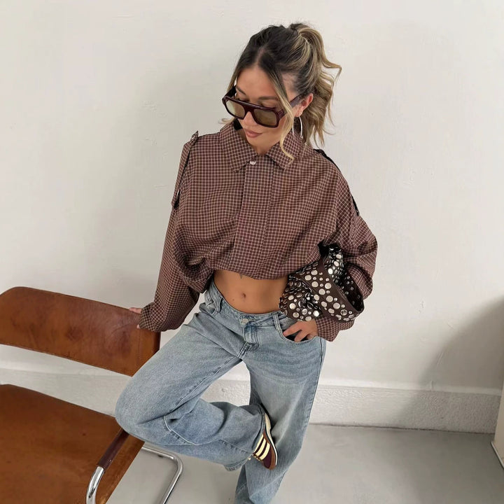 Damen Oversize karierte Bluse mit Fledermausärmeln und verdeckter Knopfleiste Drune