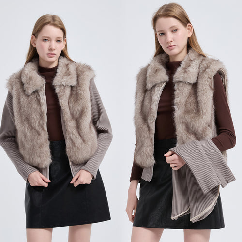 Damen Hybridjacke mit Kunstfell‑Front und gerippten Strickärmeln Drune