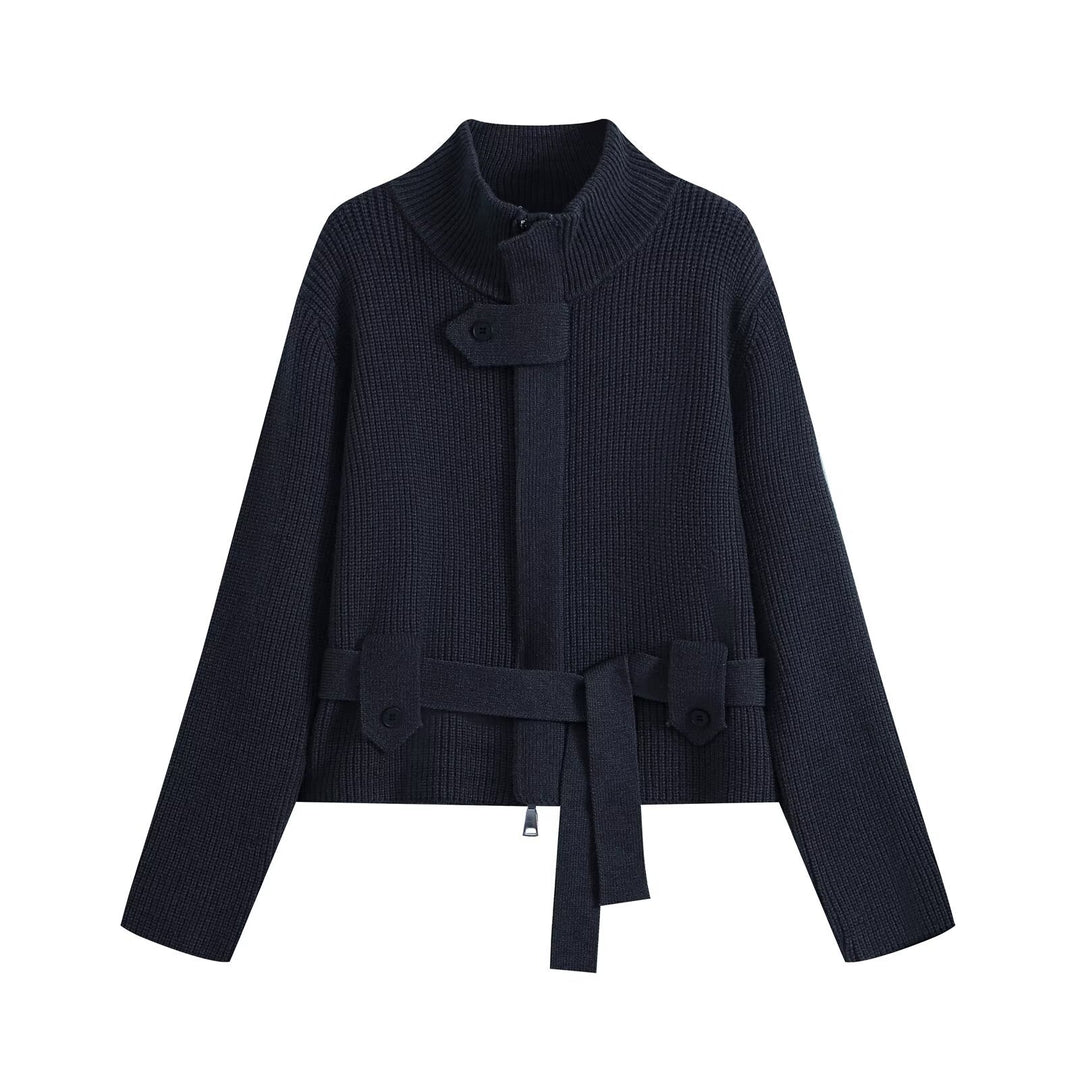 Damen Kurzgestrickte Taillierte Strickjacke mit Stehkragen und Taillengurt Drune