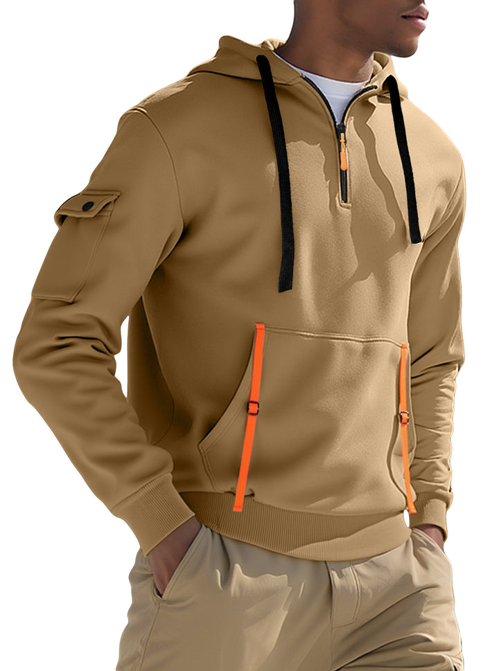 Herren nan urbaner Tech-Kapuzen-Halbzippullover mit Utility-Ärmeltasche, Kängurutasche und verstellbaren Zipper-Bändern Drune