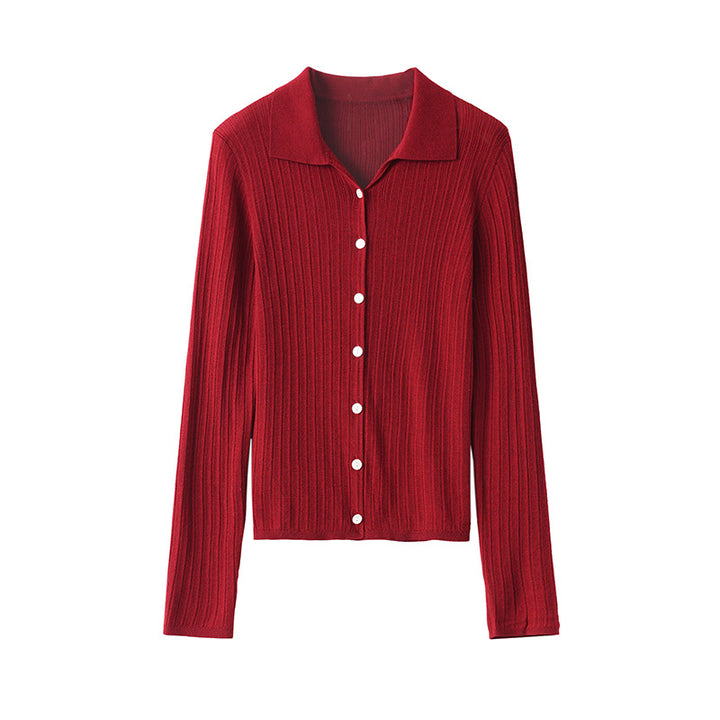 Damen Feinstrick-Cardigan mit Rippenstruktur, Knopfleiste und Polokragen Drune