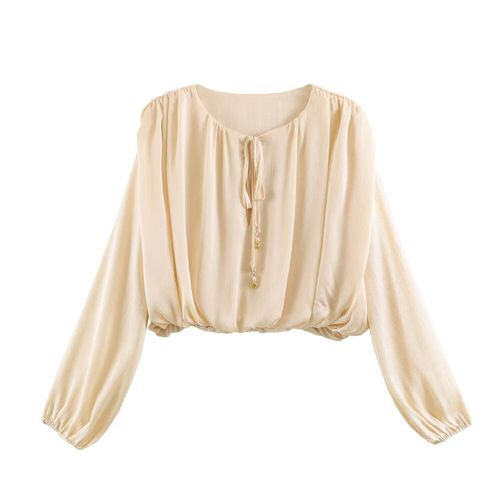 Damen nan luftige Boho Carmen-Bluse mit Kordelzug, weiten Ballonärmeln und elastischem Saum Drune