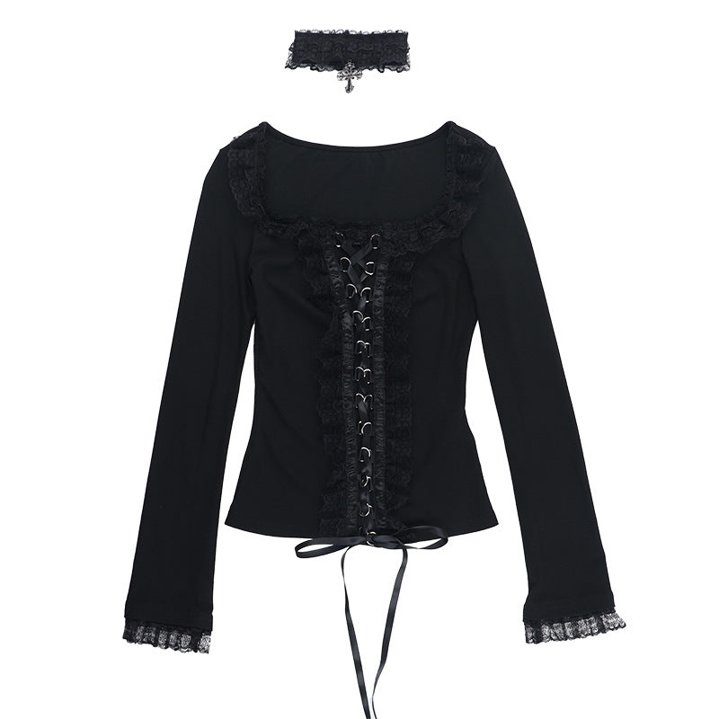 Damen figurbetonte Bluse mit Rüschendetails und Schnürung Drune