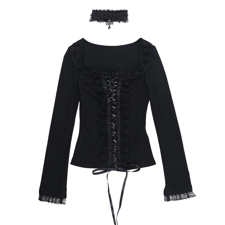 Damen figurbetonte Bluse mit Rüschendetails und Schnürung Drune