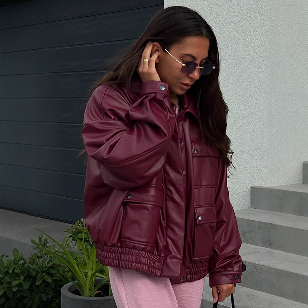 Damen Oversize Kunstlederjacke mit aufgesetzten Druckknopf-Taschen und elastischem Saum Drune