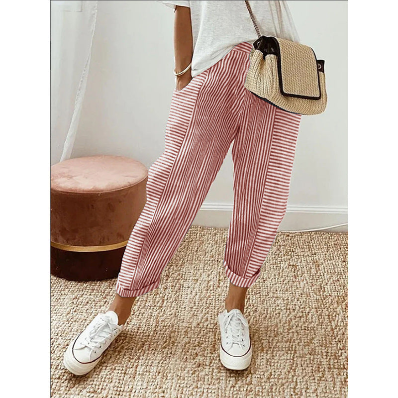 Damen Freizeit Leinenlook Hose mit Streifen, elastischem Bund und Saumabschluss Drune