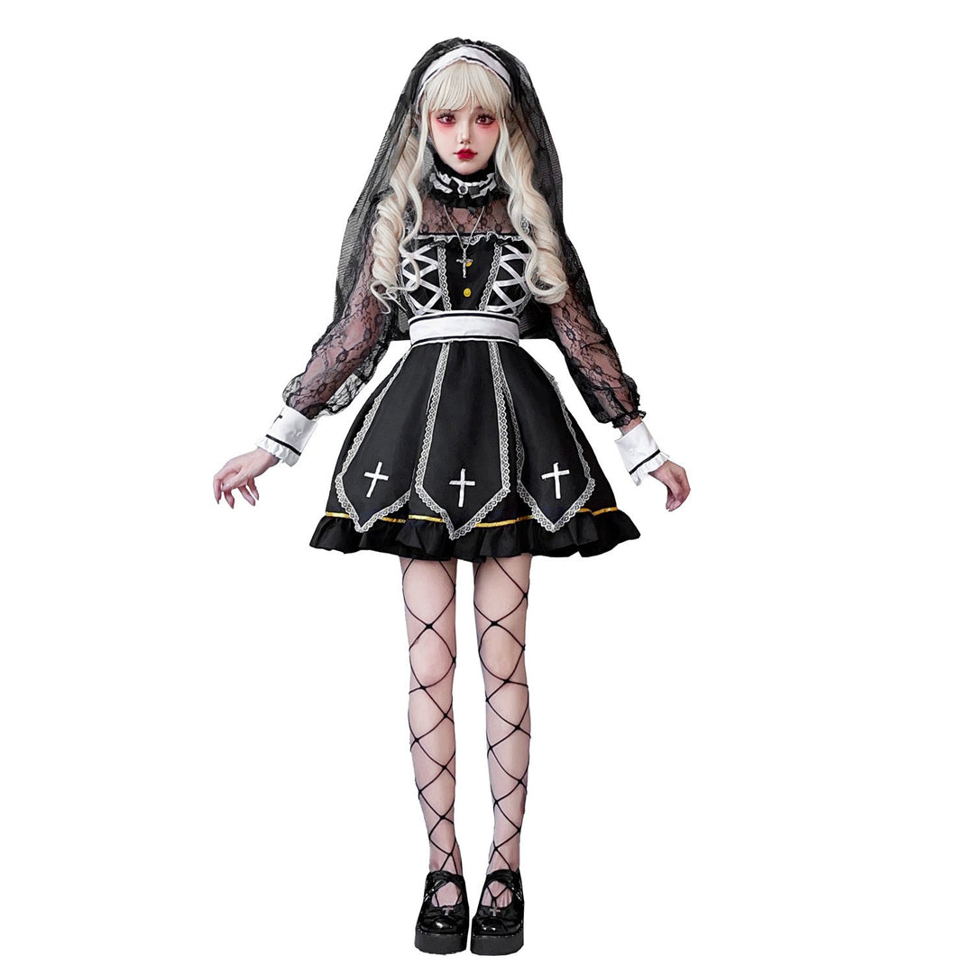 Damen Gothic Brautkostüm mit Spitzenärmeln und aufwendigen Rüschen Drune