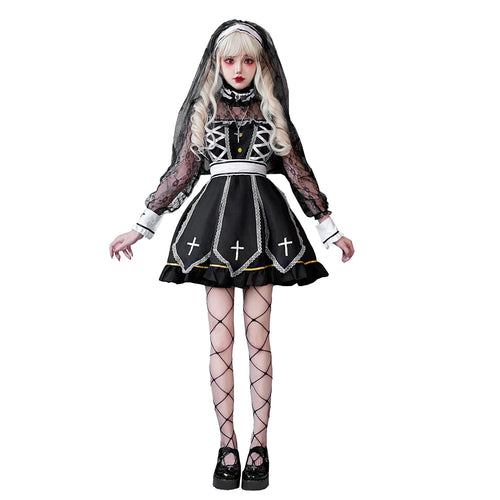 Damen Gothic Brautkostüm mit Spitzenärmeln und aufwendigen Rüschen Drune
