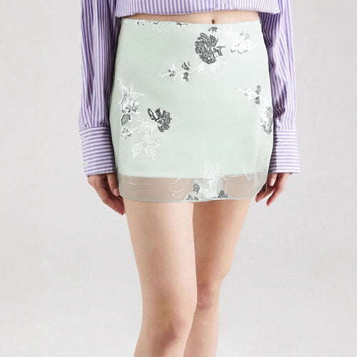 Damen transparenter Rock mit floralem Design und glitzernden Akzenten Drune