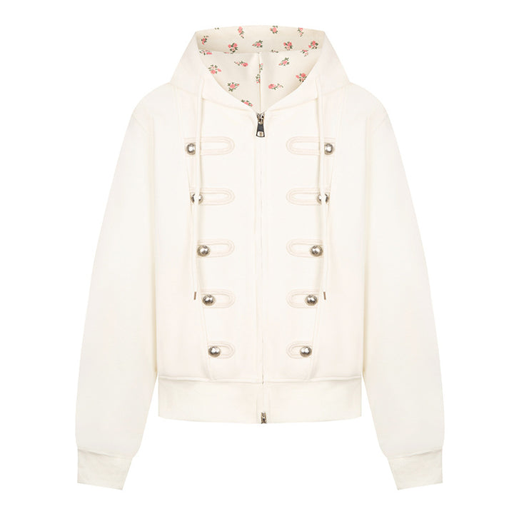 Damen Kapuzen-Sweatjacke mit dekorativen Schlaufen und Metallknopf-Details Drune