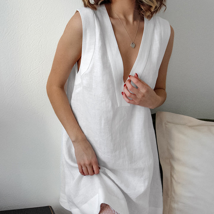 Damen Leichter Leinen-Kleid mit V-Ausschnitt Drune
