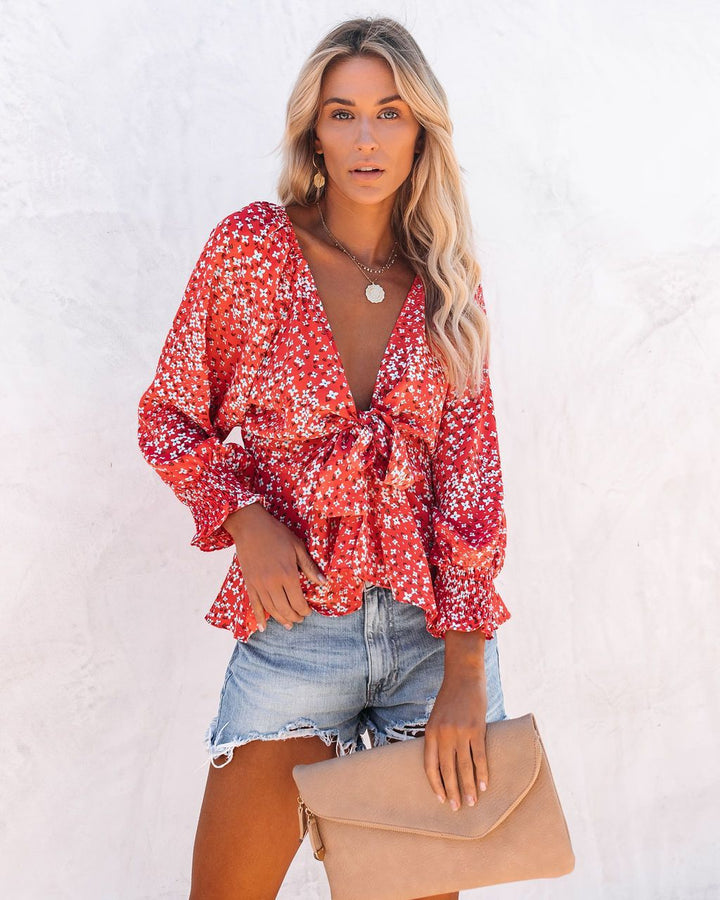 Damen Blusentop mit verspieltem floralem Muster und elegantem Knotendetail Drune