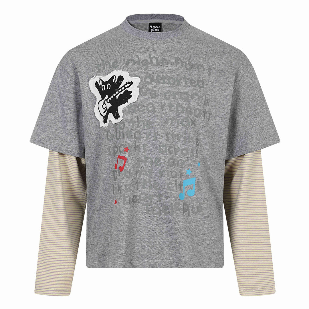 Unisex Lagenlook-Longsleeve-T-Shirt mit aufgesetztem Kurzarm-Layer und Grafikprint Drune