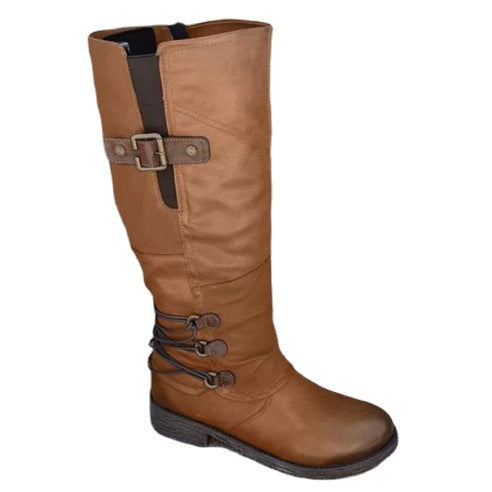 Damen nan wadenhohe Stiefel in Lederoptik mit verstellbaren Zierriemen und profilierter Gummisohle Drune