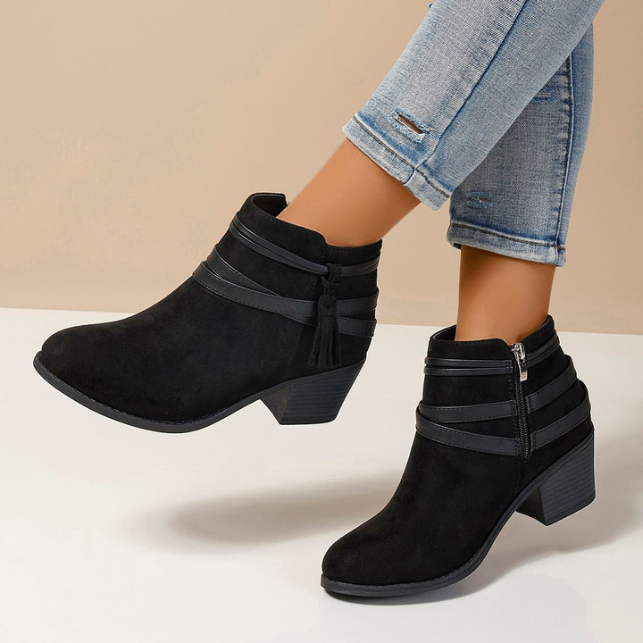 Damen nan samtige Knöchelstiefel mit dekorativen Riemen, Quasten und seitlichem Reißverschluss Drune