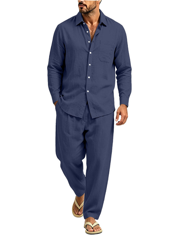 Herren Lässiges Zweiteiliges Freizeitset in Leinenoptik mit Knopfhemd und weiter Bundhose Drune