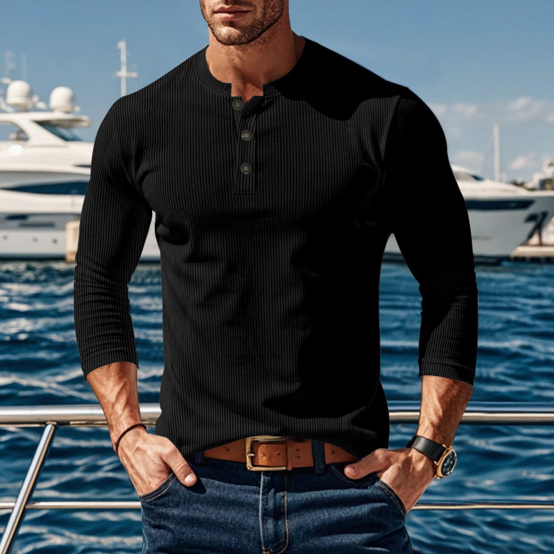 Herren Langarmshirt mit modischer Stehkragen und Knopfleiste Drune