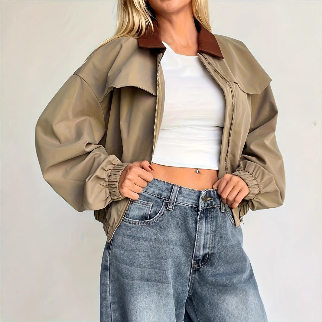 Damen Lässige Cropjacke mit weit geschnittenen Ärmeln und kontrastierendem Kragen Drune