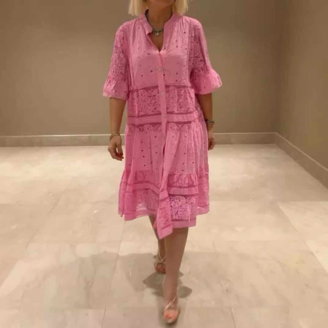 Damen nan Hemdblusen-Midikleid mit Spitzen-Einsätzen, Stufenrock und durchgehender Knopfleiste Drune