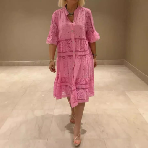 Damen nan Hemdblusen-Midikleid mit Spitzen-Einsätzen, Stufenrock und durchgehender Knopfleiste Drune