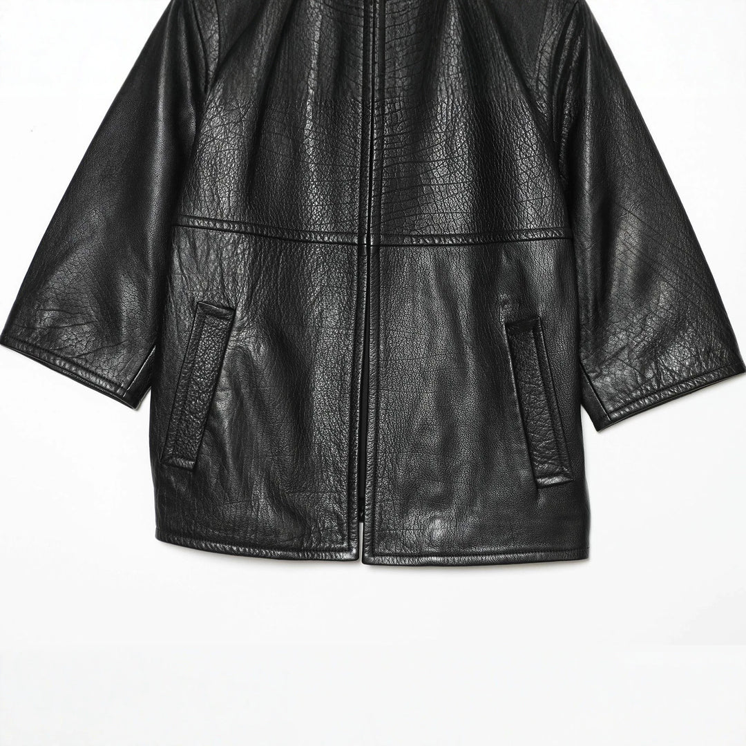 Damen Kurzarm-Lederimitatjacke mit Rundhalsausschnitt, geradem Schnitt und Eingrifftaschen Drune