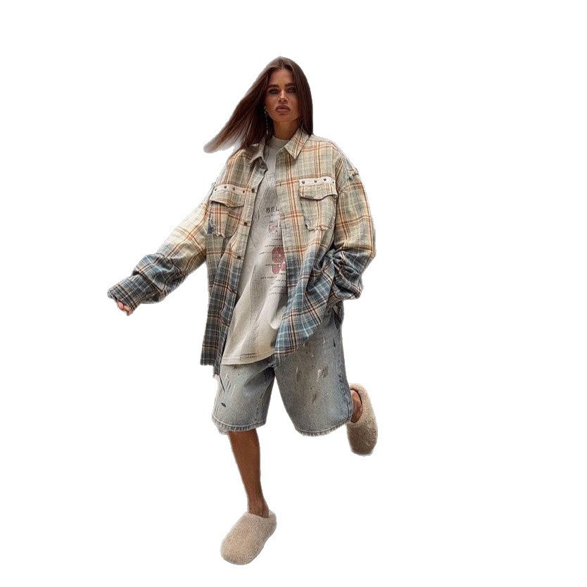 Damen Oversized Karo-Hemdjacke mit Taschen Drune