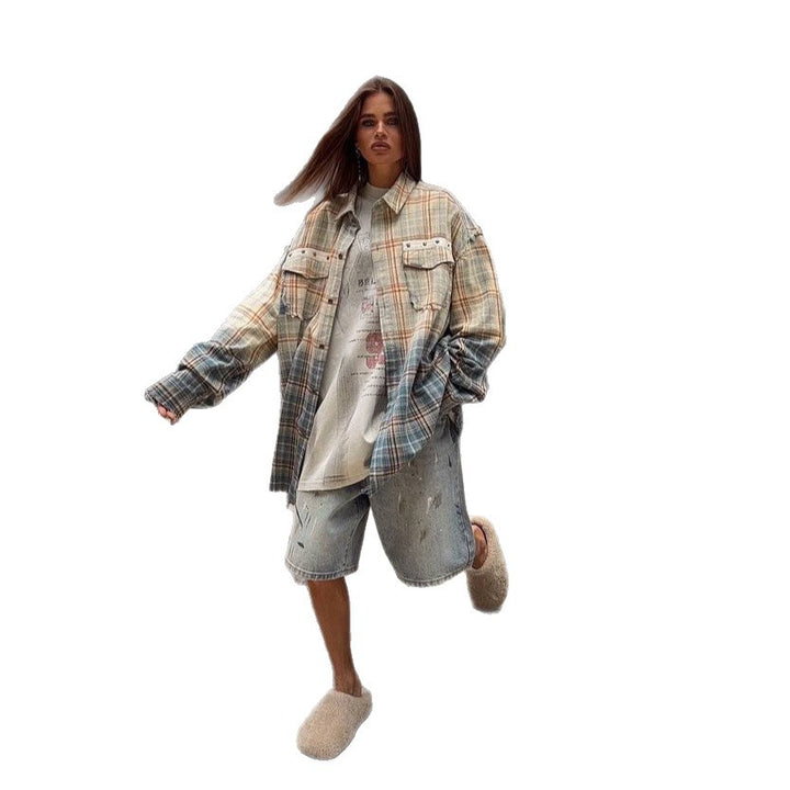 Damen Oversized Karo-Hemdjacke mit Taschen Drune