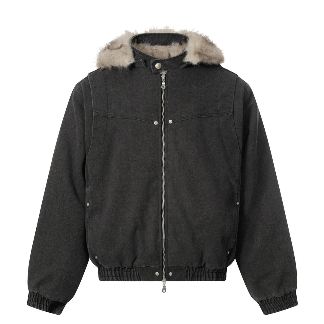 Herren Canvas-Bomberjacke mit abnehmbarer Kunstfellkapuze und elastischem Saum Drune