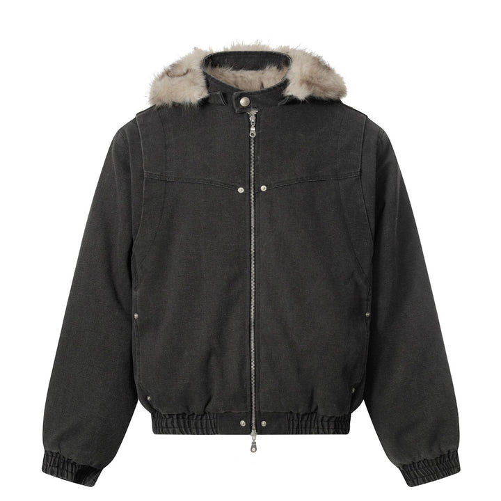 Herren Canvas-Bomberjacke mit abnehmbarer Kunstfellkapuze und elastischem Saum Drune