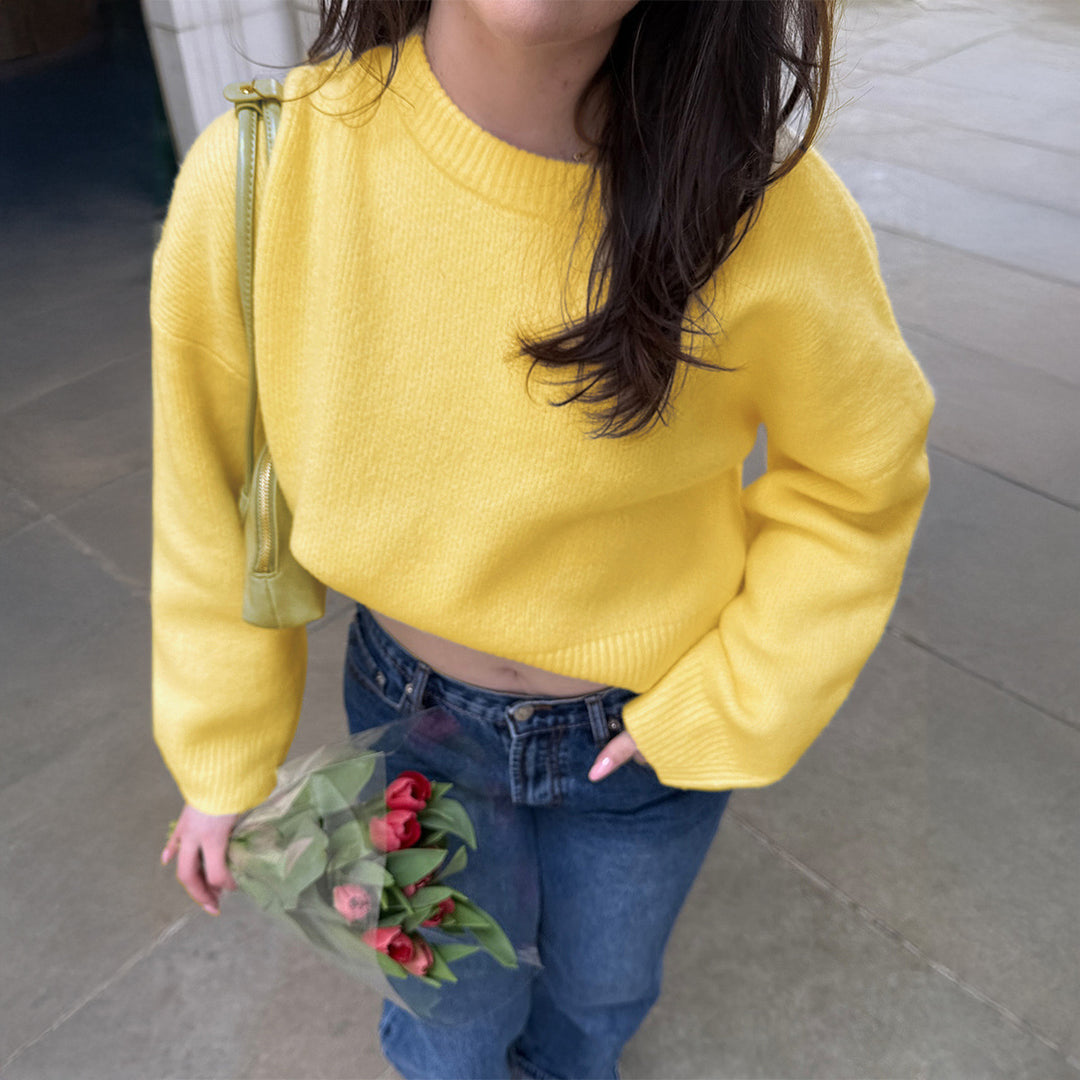 Damen nan Oversize-Feinstrickpullover mit Stehkragen, verlängerter Rückenpartie und Ballonärmeln Drune