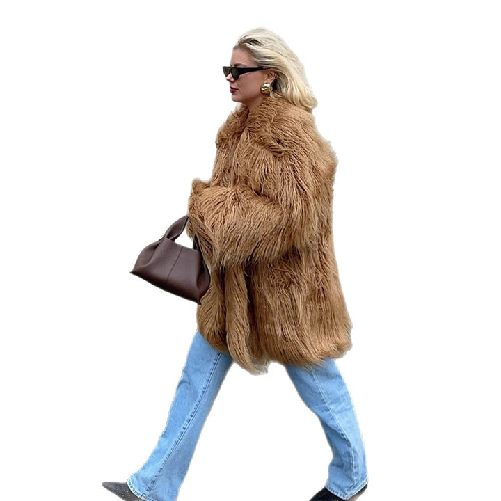 Damen Oversize Shaggy‑Kunstpelz‑Mantel mit langer Florstruktur und verdeckter Knopfleiste Drune