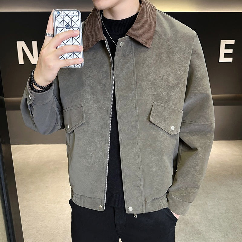 Herren Oversize Utility-Bomberjacke aus Kunstleder mit geripptem Saum und Hemdkragen Drune